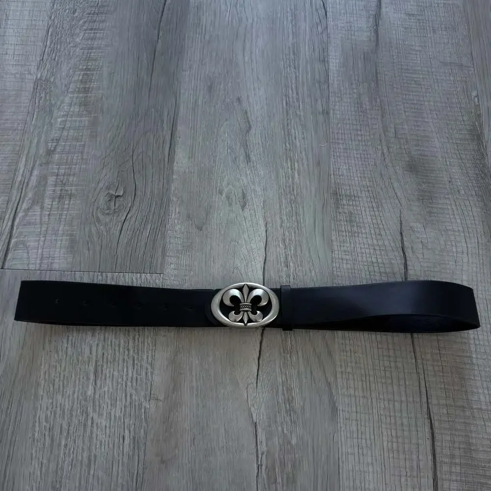 Unisex Leather Belt with French Lily Fleur de Lys Buckle